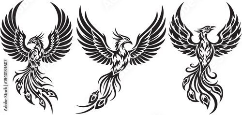 Phoenix Tattoo Silhouette Logo Vector Collection