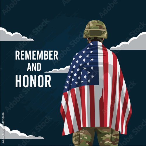 Soldier draped in American flag remembering and honoring.