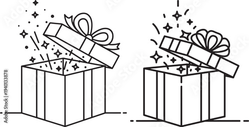 Open Gift Box with Bow, Sparkles and Stars Emanating, Surprise Present Icon, Line Art