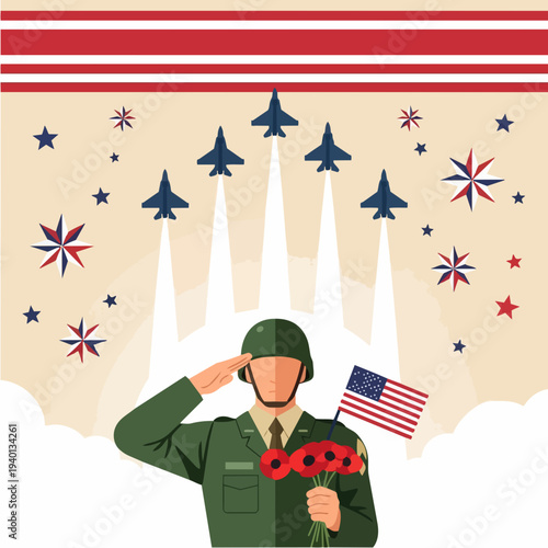 Soldier saluting with American flag and poppies fighter jets flying overhead.