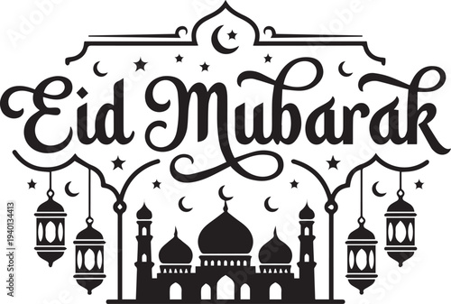 Eid Mubarak vector illustration with mosque and lanterns