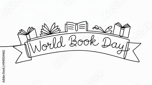 World book day banner with books and flowers on white background celebrating reading and literature