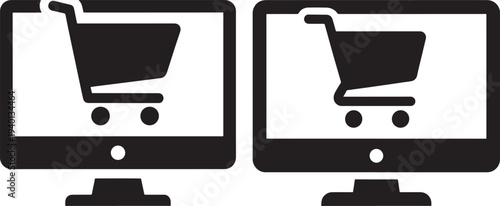 Online Shopping and E-Commerce Icon Set with Shopping Cart on Computer Monitor Screens