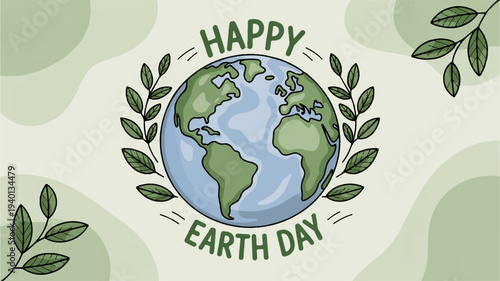 Happy earth day illustration with green globe and leaves on beige background celebrating environmental awareness and sustainability