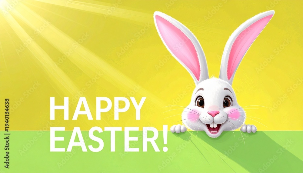 Fototapeta premium Happy Easter Greeting Graphic Featuring a Cute Cartoon Bunny Smiling Behind a Green Sign on a Sunny Yellow Background