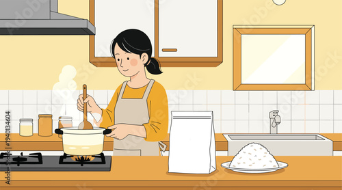 Culinary Creation: A woman expertly stirs a pot of food in a cozy kitchen, crafting a meal amidst the heart of home. 