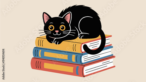 Black cat sitting on stack of colorful books reading material feline literature education learning relaxation leisure hobby bookshelf study knowledge curiosity calm serene cozy