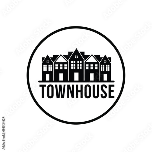 A minimalist black and white graphic depicts a row of connected townhouses enclosed within a bold circular frame high quality professional detailed modern elegant