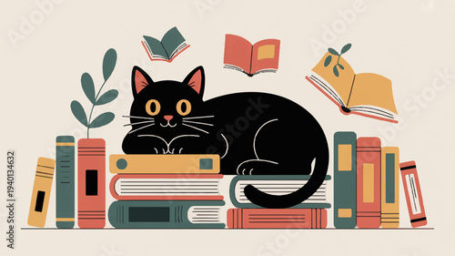 Black cat resting on stack of colorful books with floating books and plant