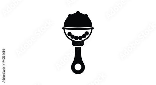 Simple black silhouette of a classic baby rattle with internal beads