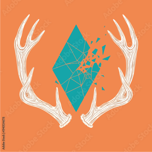 Abstract geometric diamond shape breaking apart surrounded by deer antlers.