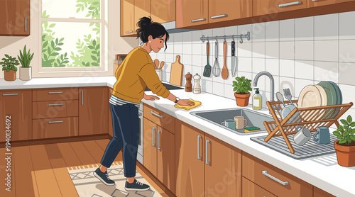 A Morning in the Kitchen: A woman is in a sunny kitchen, washing dishes and tending to the morning chores, capturing the essence of domestic life.