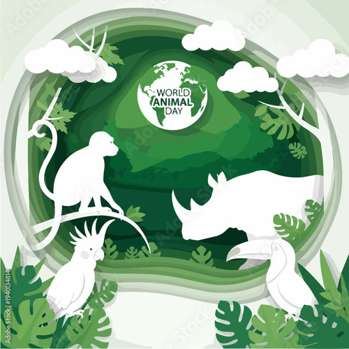 World Animal Day celebration with diverse animal species illustration.