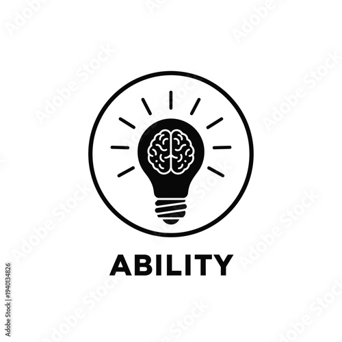 A minimalist black and white design features a lightbulb containing a brain symbolizing intelligence and cognitive ability high quality professional detailed modern elegant stylish clean crisp