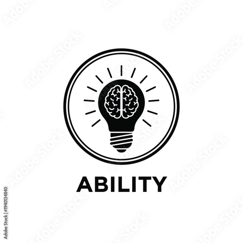 A black and white circular icon depicts a lightbulb containing a human brain symbolizing intellect and the concept of ability high quality professional detailed modern elegant