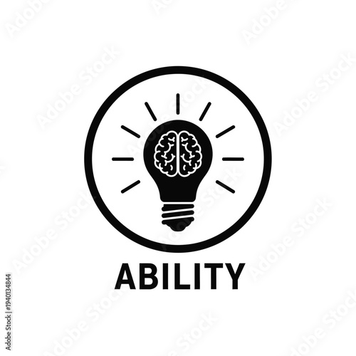 A black and white circular icon depicts a lightbulb containing a brain symbolizing intelligence and the concept of ability high quality professional detailed modern