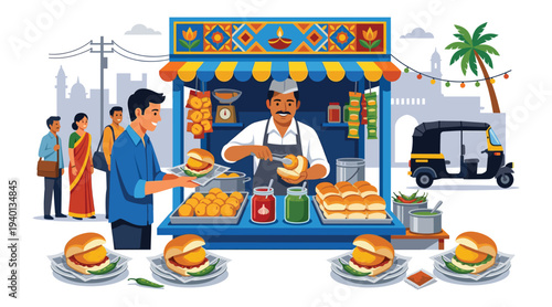 Street Food Stall: A lively street food stall in an urban setting, the vendor prepares a local snack, surrounded by eager customers. The image evokes the rich culinary culture of street food.