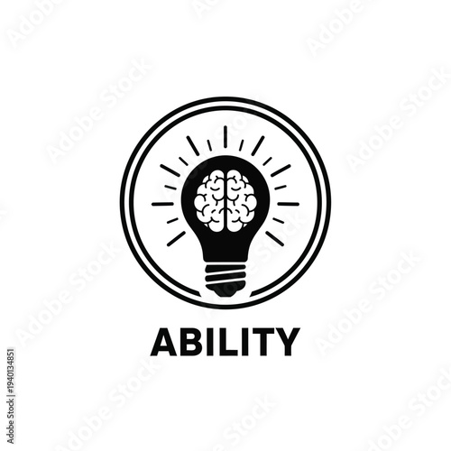 A black and white circular icon depicts a lightbulb containing a human brain symbolizing intelligence and cognitive ability below it high quality professional detailed modern elegant