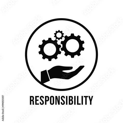 A black and white graphic depicts a hand holding several gears within a circular frame alongside the word responsibility high quality professional detailed modern elegant stylish