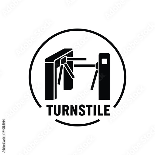 A simple black and white graphic depicts a turnstile within a circular frame accompanied by the word turnstile below high quality professional detailed modern elegant stylish
