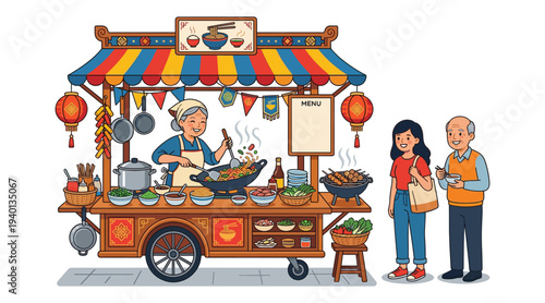 Culinary Craftsmanship: A captivating illustration of a bustling food stall, where a skilled vendor prepares delicious dishes, with customers eagerly awaiting their culinary experience.