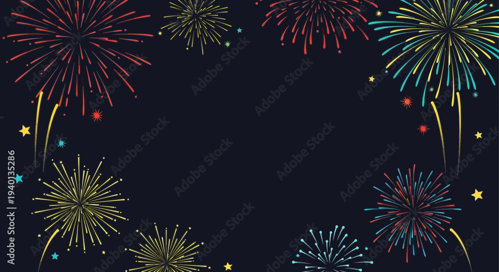 Fototapeta premium Colorful Fireworks Bursting on Dark Night Sky - Celebration Background