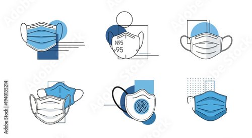 Collection of Medical Face Masks Icons, N95 Respirator, Protective Gear, Health Safety