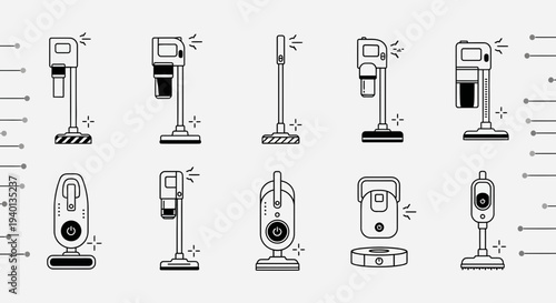 Collection of Vacuum Cleaner Icons: Robot, Stick, Handheld, and Upright Styles