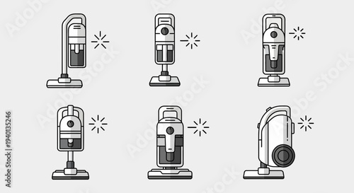 Collection of Vacuum Cleaner Icons: Upright, Stick, and Canister Styles