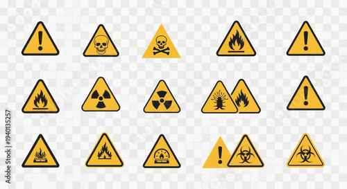 Collection of Warning Signs: Danger, Hazard, Biohazard, Radiation, Flammable, Toxic