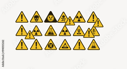 Collection of Warning Signs: Danger, Radiation, Biohazard, Flammable, Toxic, Chemical