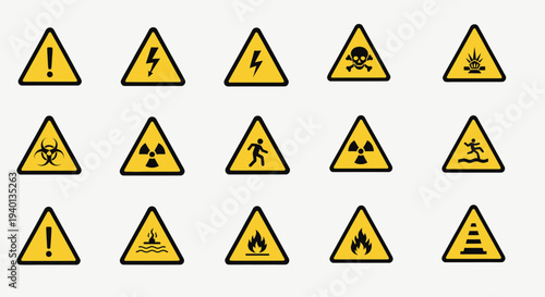 Collection of Yellow Warning Signs: Danger, Hazard, Caution, Safety Symbols