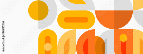 Abstract geometric shapes, warm colors dominate. Overlapping circles, rectangles create modern design. Minimalist aesthetic, pleasing composition.