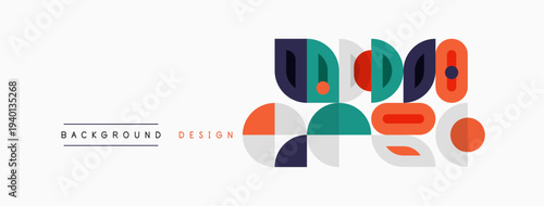 Abstract geometric shapes, colorful composition. Modern design elements create playful visual interest. Background features simple text.