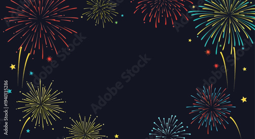 Colorful Fireworks Bursting on Dark Night Sky - Celebration Background