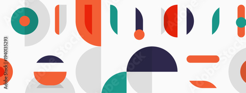 Abstract geometric shapes, muted colors, modern design. Composition features circles, rectangles, lines, overlapping forms. Minimalist aesthetic.