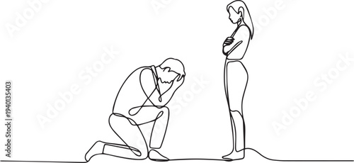 Vector illustration of a man on one knee and a woman standing, one line drawing style