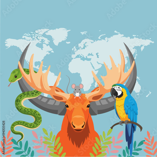 Diverse animals and plants depicted with a world map background.