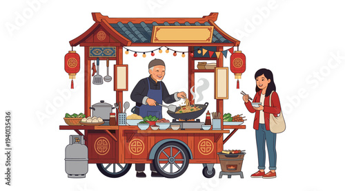 Street Food Cart: A vibrant scene unfolds at a traditional street food cart, as a vendor prepares a delicious meal for a customer, capturing the essence of cultural cuisine and culinary interaction.