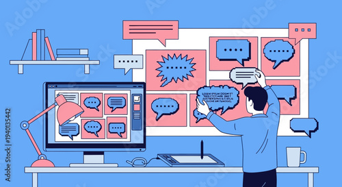 Comic strip creation on computer, graphic designer planning storyboards with speech bubbles