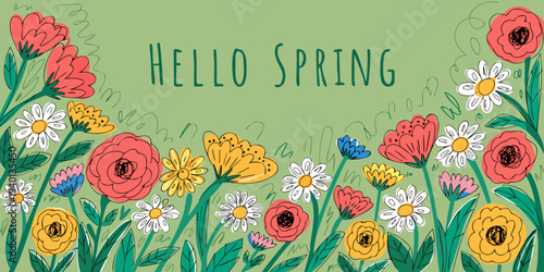  a cheerful illustration with a light green background. In the foreground, there's a vibrant array of hand-drawn flowers in various colors, including red, yellow, white, and blue, with green stems and