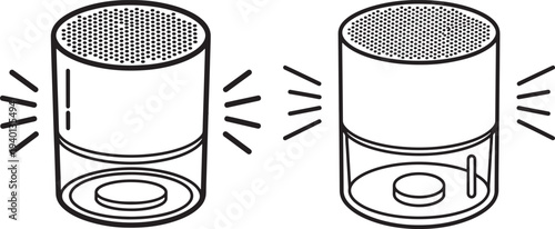 Two outline icons of modern portable speakers emitting sound waves, symbolizing music, audio, or connectivity