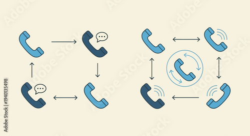Communication network diagram with phone icons and arrows, concept of connection and data flow