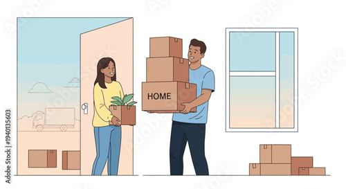 Couple moving into new home carrying boxes and plant, happy couple, new beginnings