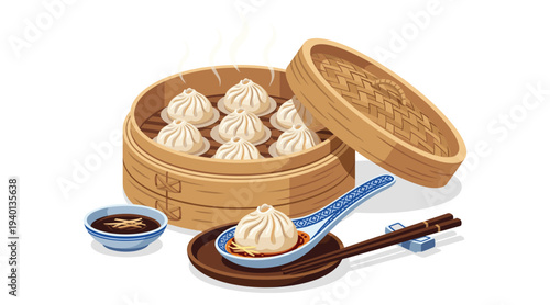 Delicate Dim Sum Display: A close-up shot captures an array of steamed dumplings artfully arranged within a traditional bamboo steamer, hinting at a culinary journey of authentic flavors.