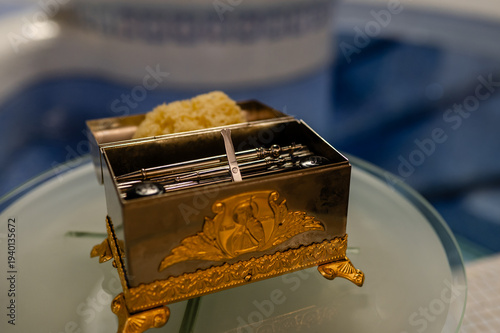 Obraz na plátne Orthodox chrismarium box with holy oil brushes and sea sponge for anointing