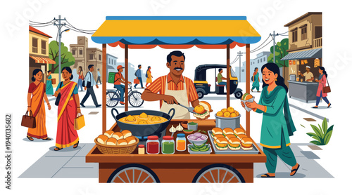Street Food Scene: A vibrant illustration depicts a bustling street food vendor in action, surrounded by customers and a lively urban backdrop.