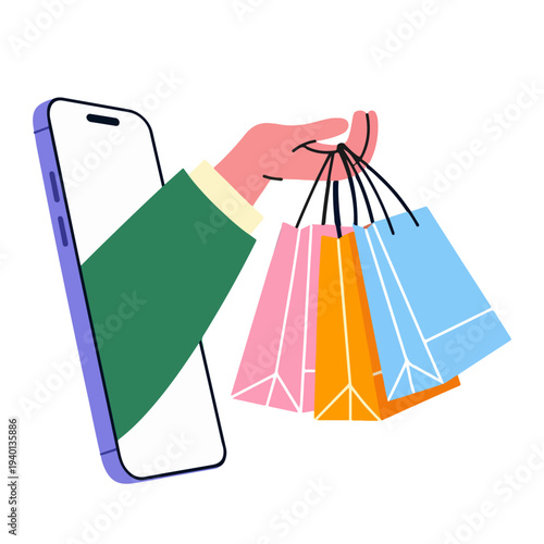 Online Shopping via Smartphone with Colorful Bags – Mobile Ecommerce Illustration