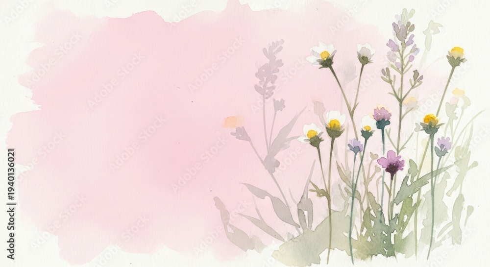 Fototapeta premium Delicate Wildflowers Against a Soft Pink Watercolor Background with Subtle Leaf Silhouettes