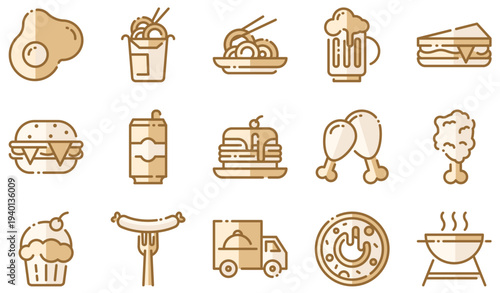 Set of 15 Flat Design Food and Drink Icons Vector Collection for Restaurant Menus, Delivery Apps, and Culinary Websites
